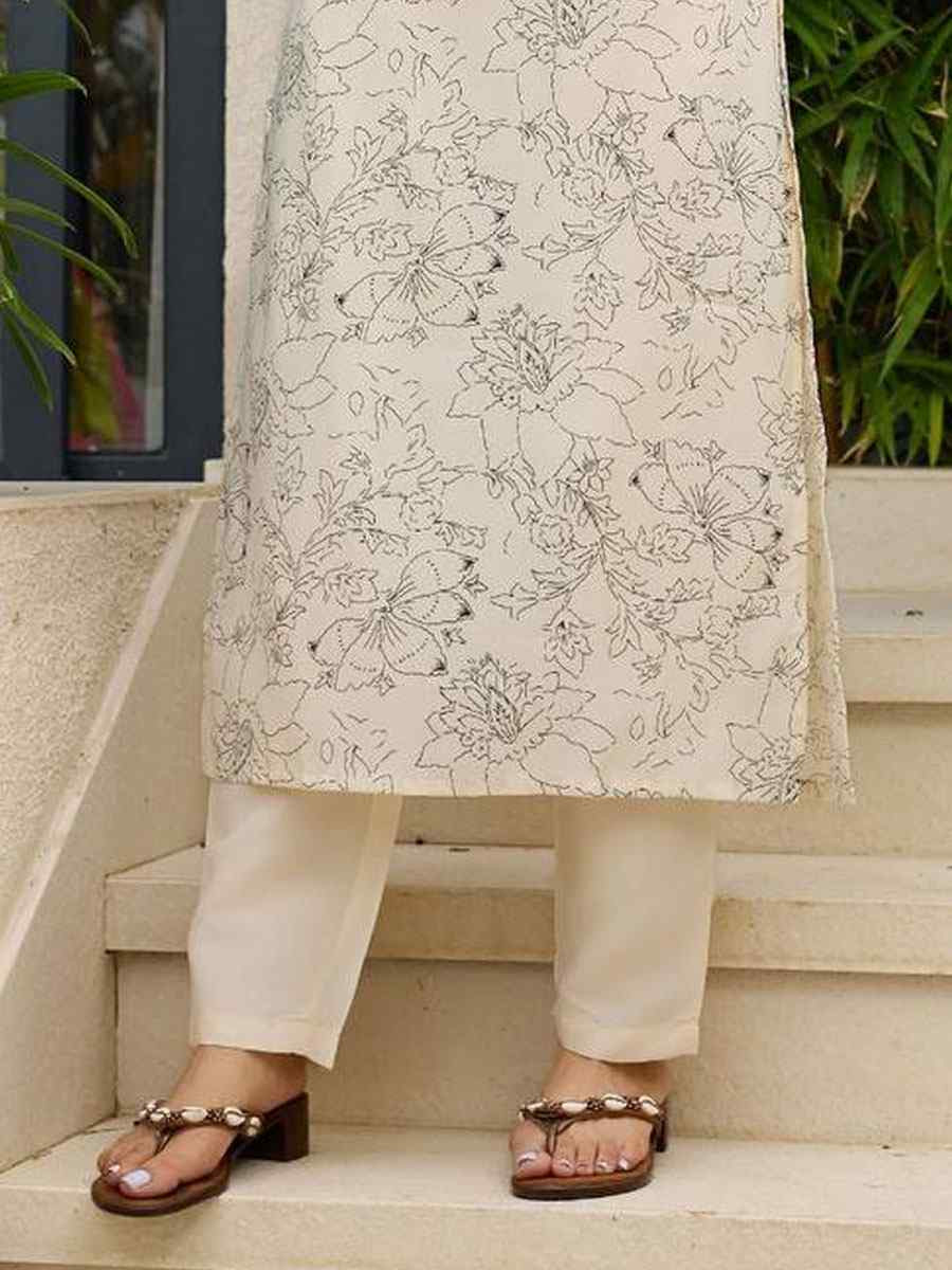 Cream Rayon Embroidered Printed Party Wedding Ready Pant Salwar Kameez