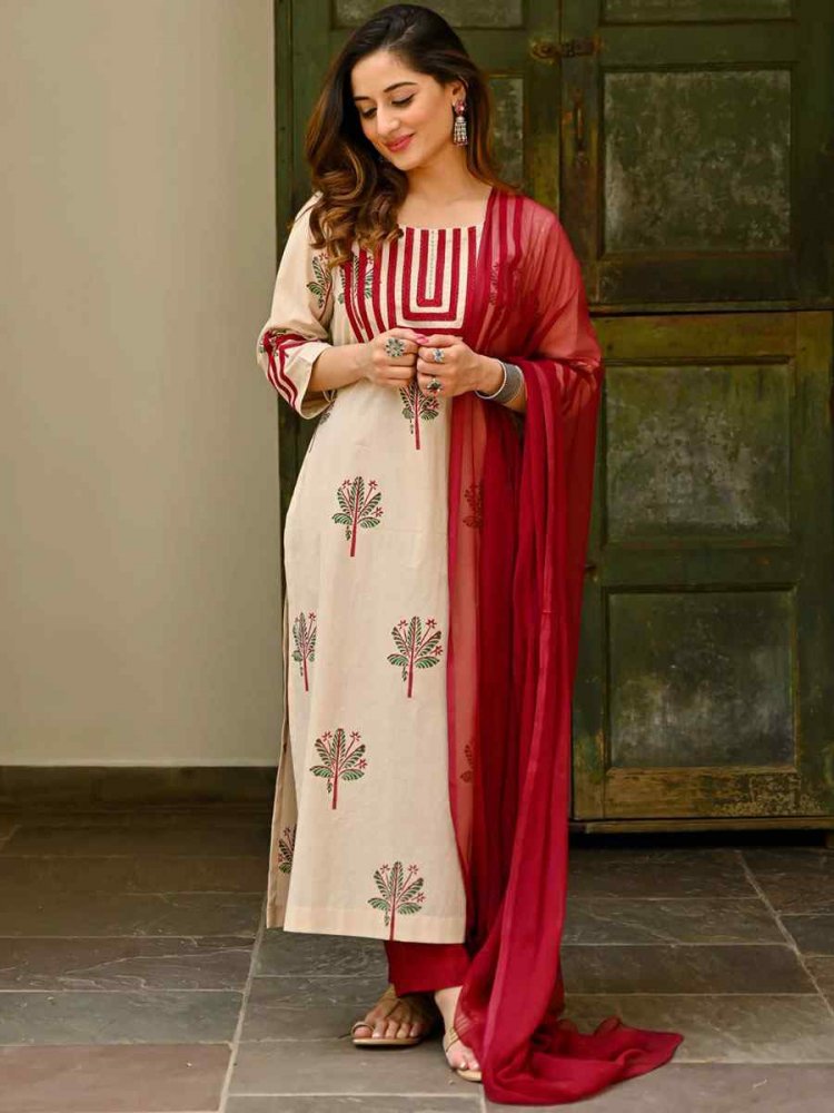 Cream Rayon Printed Festival Casual Ready Pant Salwar Kameez