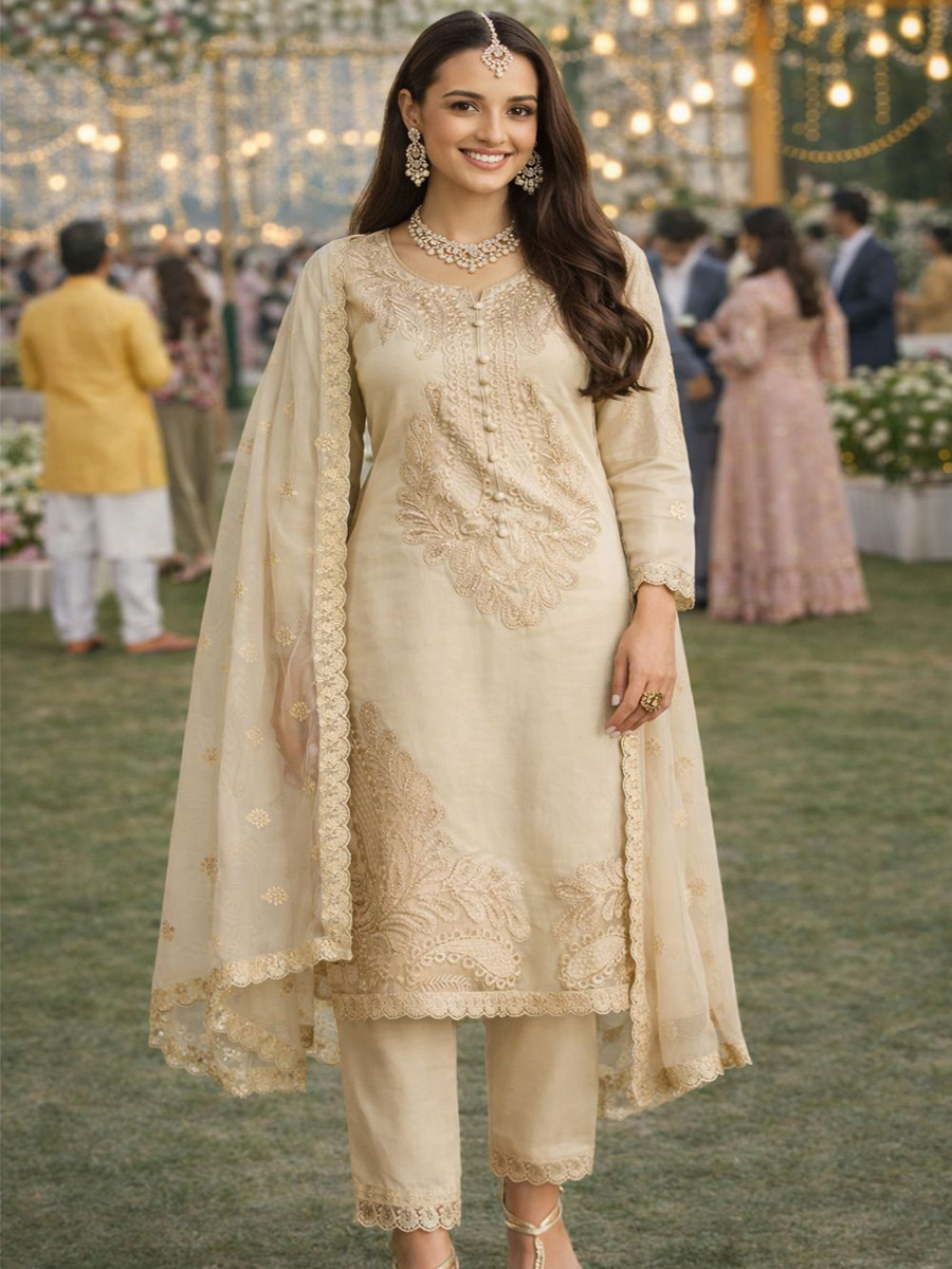 Cream Real Chinon Heavy Embroidery Party Wedding Festival Casual Ready Pant Salwar Kameez
