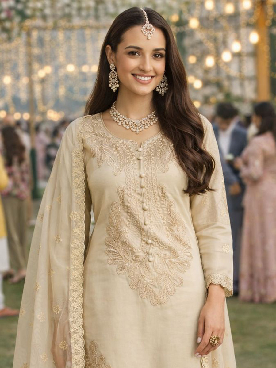 Cream Real Chinon Heavy Embroidery Party Wedding Festival Casual Ready Pant Salwar Kameez