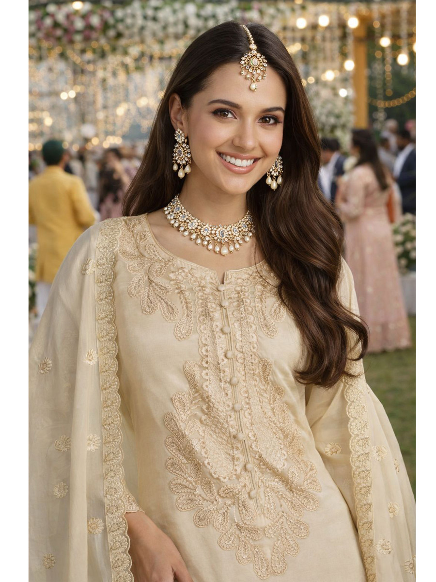 Cream Real Chinon Heavy Embroidery Party Wedding Festival Casual Ready Pant Salwar Kameez