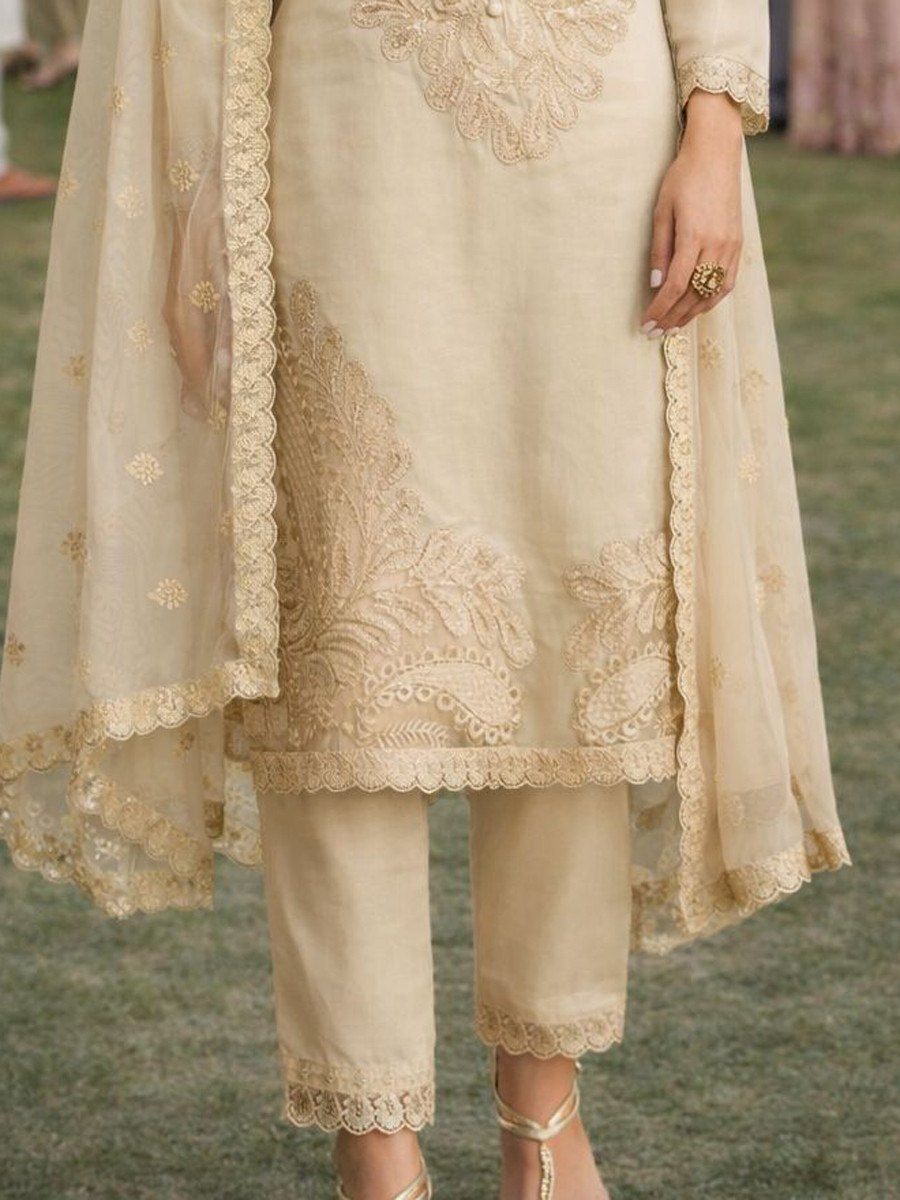 Cream Real Chinon Heavy Embroidery Party Wedding Festival Casual Ready Pant Salwar Kameez
