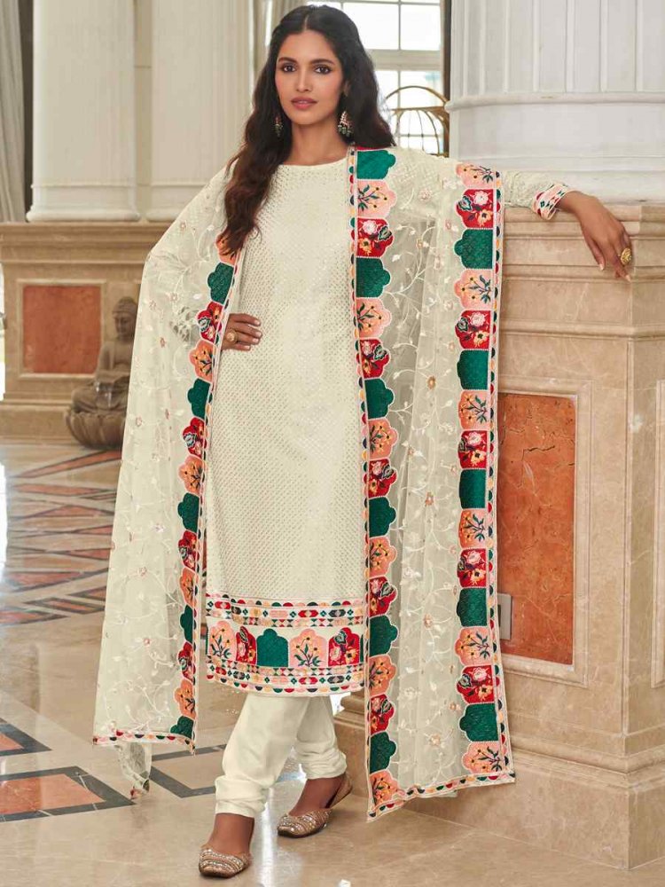 Cream Real Georgette Embroidered Festival Wedding Pant Salwar Kameez