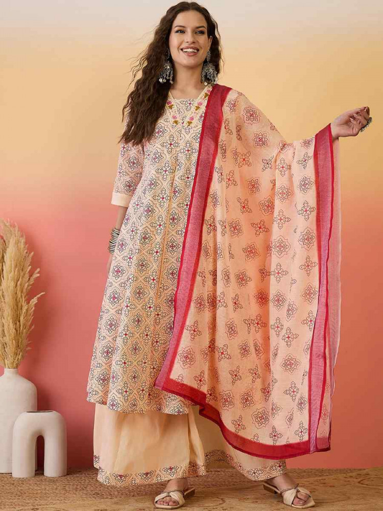 Cream Roman Silk Embroidered Festival Casual Ready Palazzo Pant Salwar Kameez