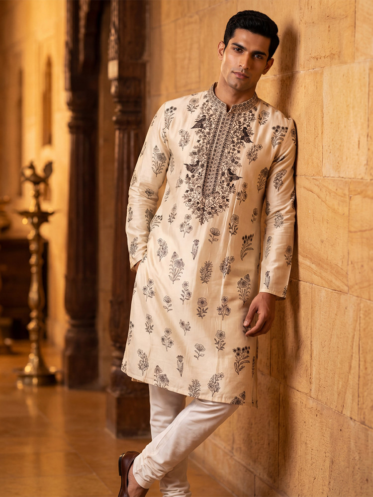 Image of Cream Roman Silk Embroidery Wedding Party Festival Casual Mens Wear Kurta