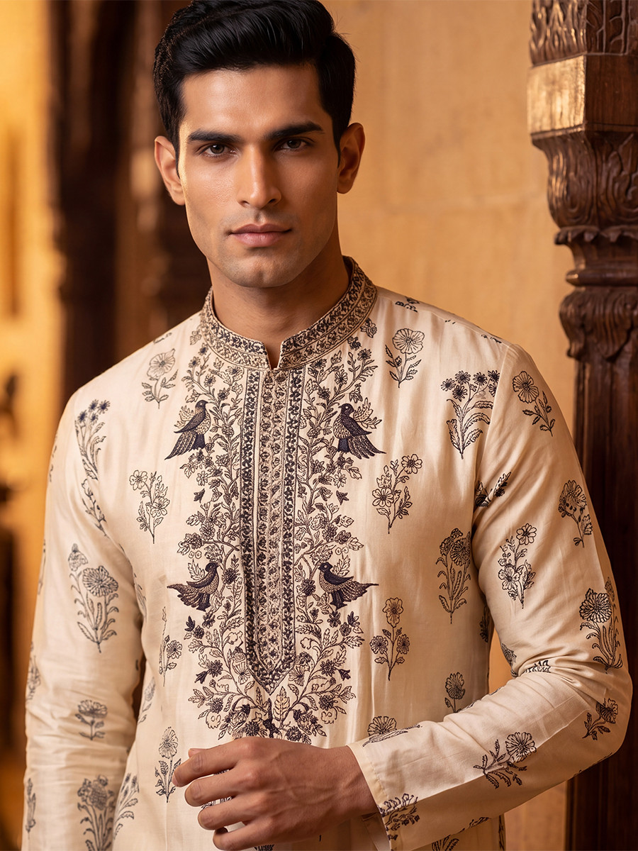 Cream Roman Silk Embroidery Wedding Party Festival Casual Mens Wear Kurta