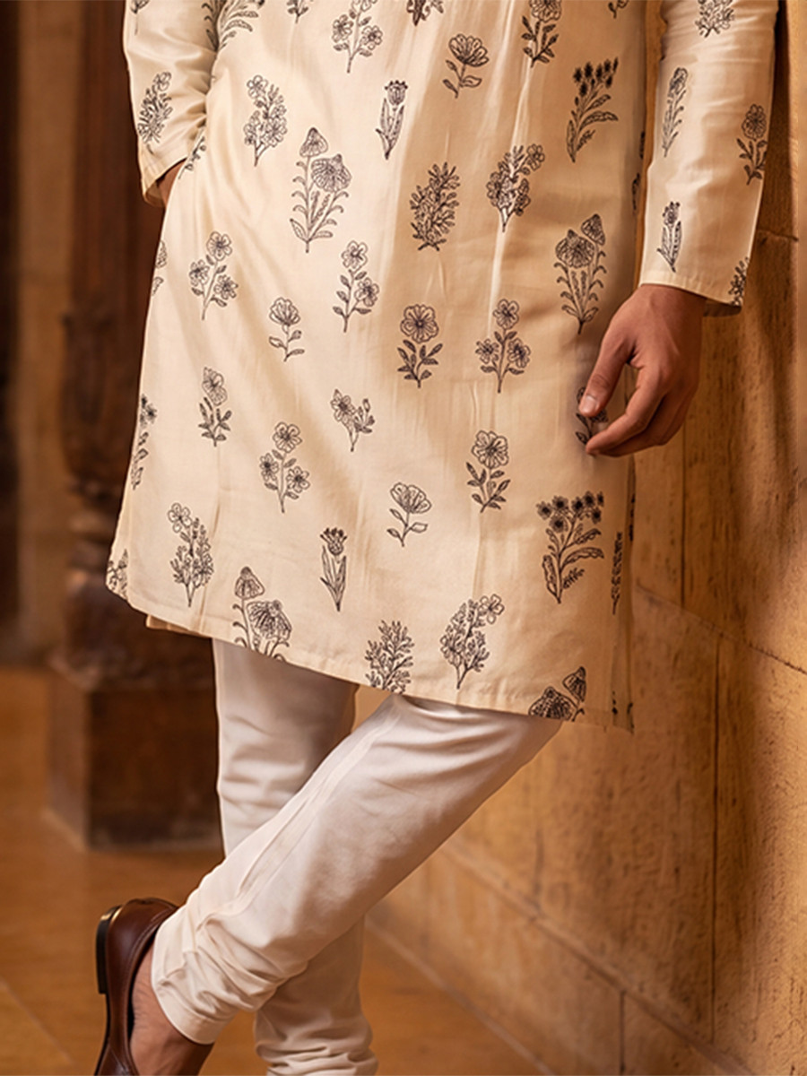 Cream Roman Silk Embroidery Wedding Party Festival Casual Mens Wear Kurta
