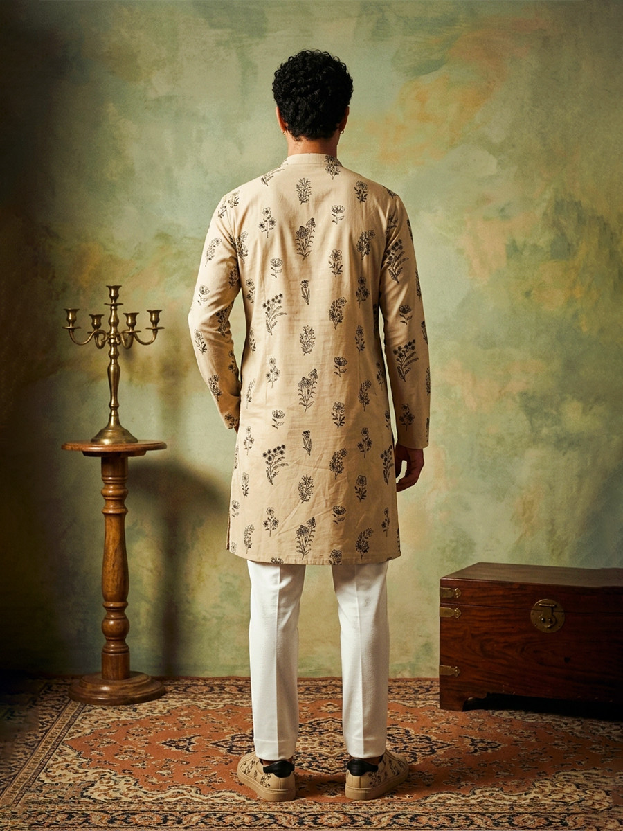 Cream Roman Silk Embroidery Wedding Party Festival Casual Mens Wear Kurta