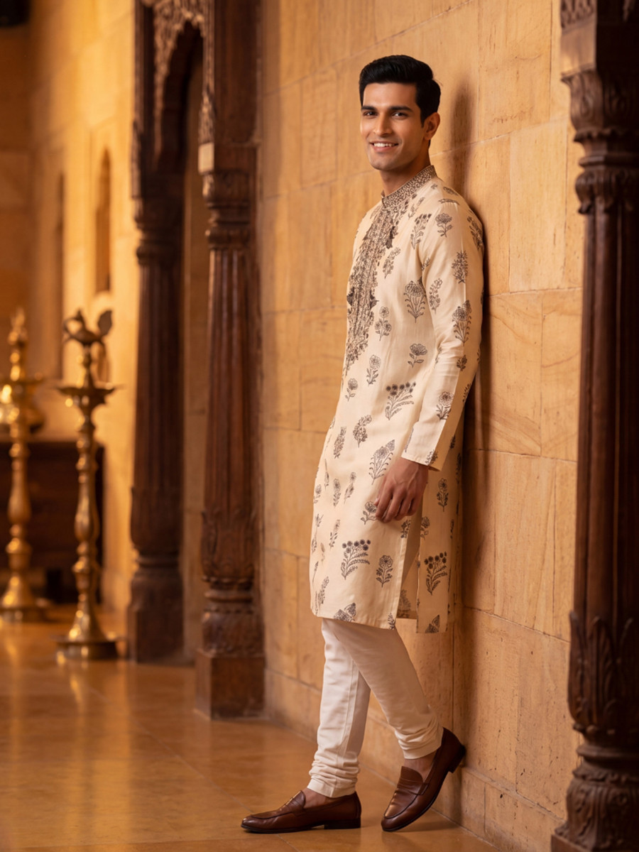 Cream Roman Silk Embroidery Wedding Party Festival Casual Mens Wear Kurta