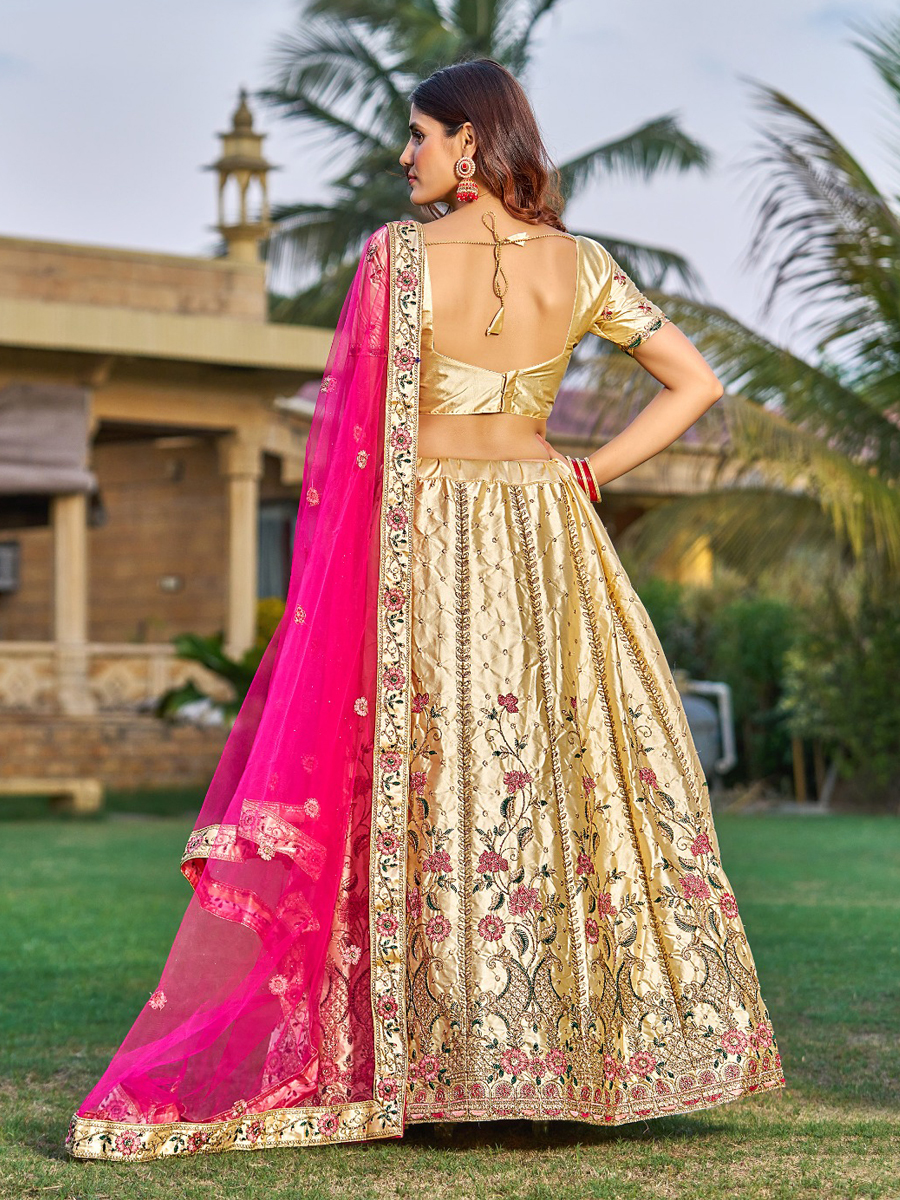 Cream Satin Embroidered Party Wear Festival Circular Lehenga Choli