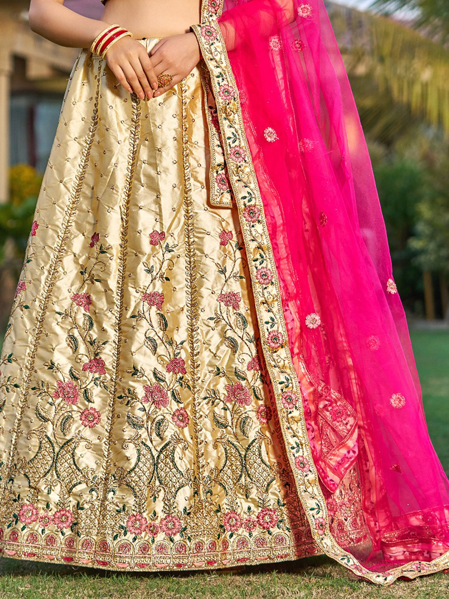 Cream Satin Embroidered Party Wear Festival Circular Lehenga Choli