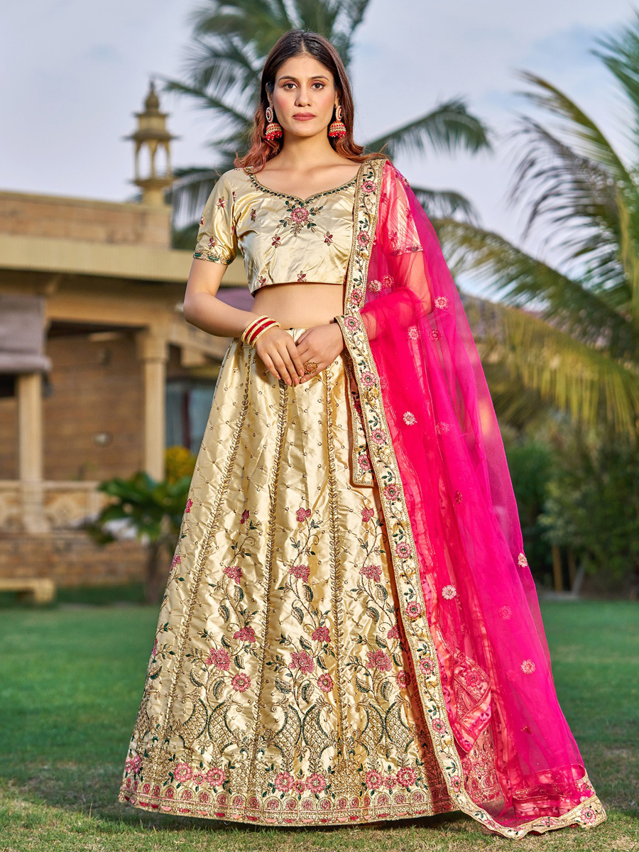 Cream Satin Embroidered Party Wear Festival Circular Lehenga Choli