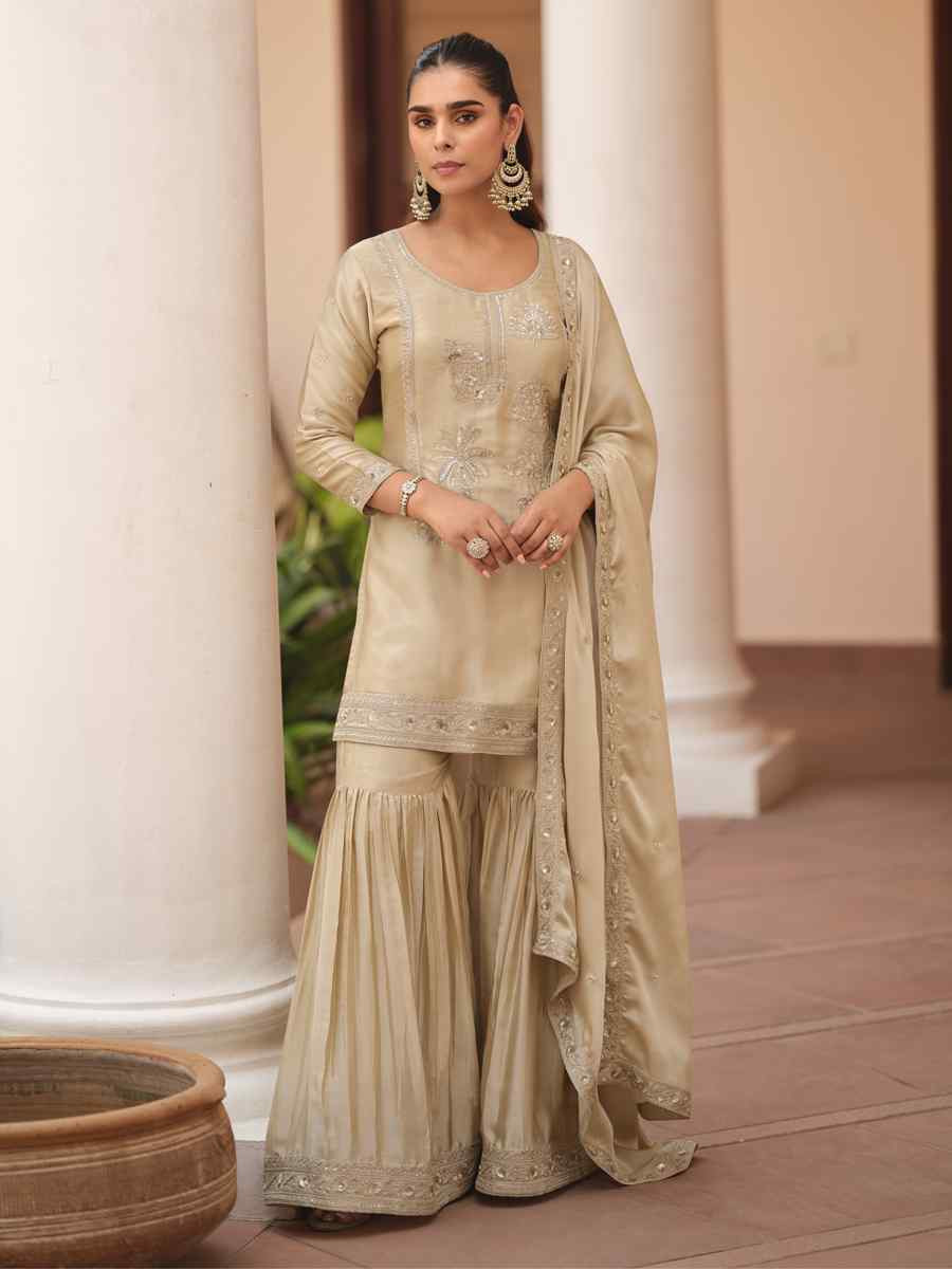 Cream Satin Silk Embroidered Party Wedding Ready Sharara Pant Salwar Kameez