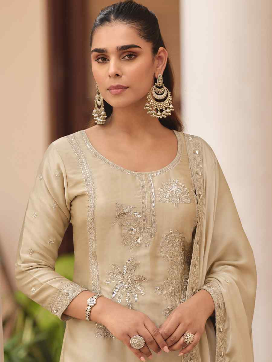 Cream Satin Silk Embroidered Party Wedding Ready Sharara Pant Salwar Kameez