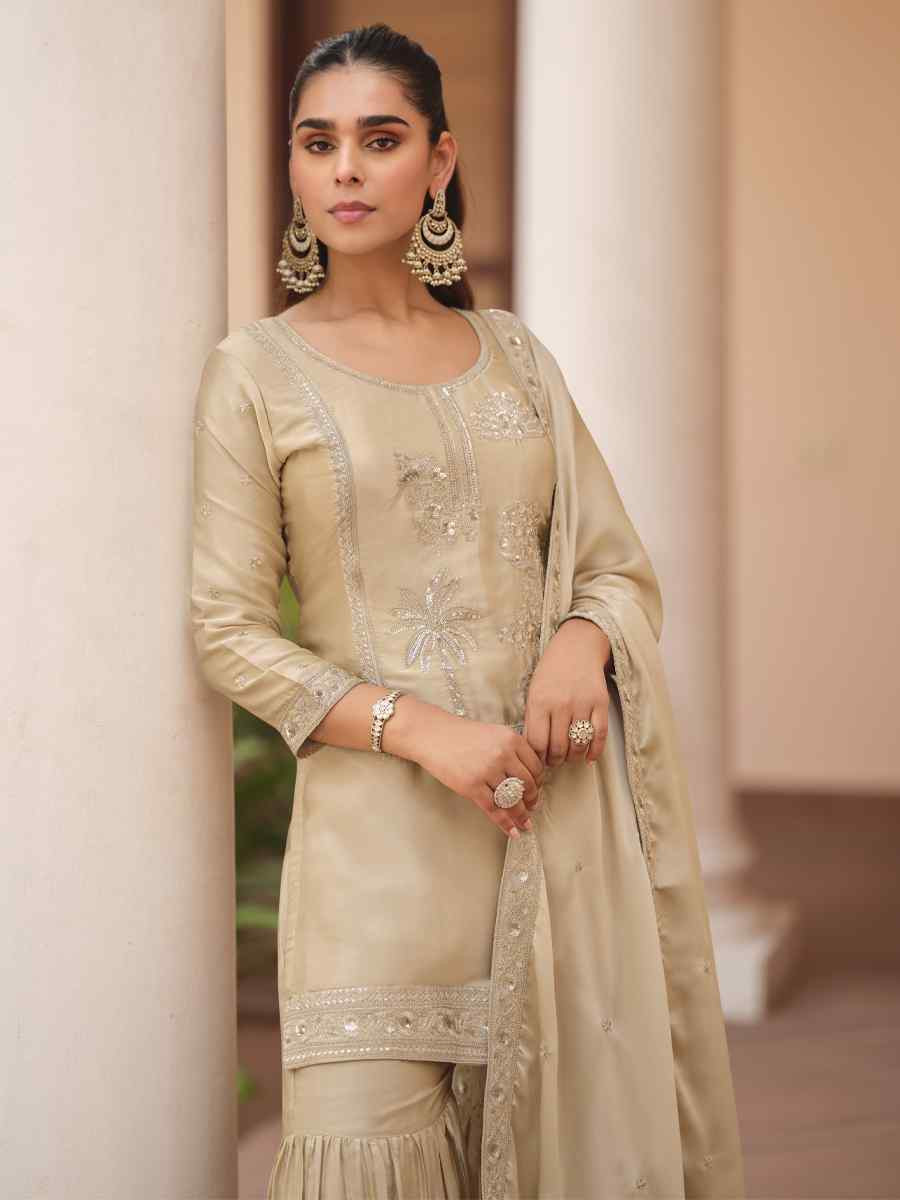 Cream Satin Silk Embroidered Party Wedding Ready Sharara Pant Salwar Kameez
