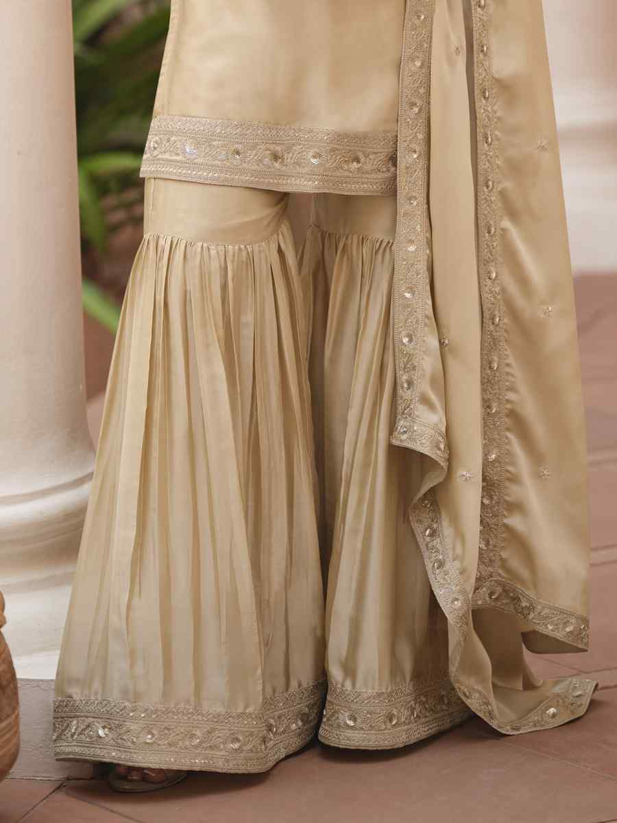 Cream Satin Silk Embroidered Party Wedding Ready Sharara Pant Salwar Kameez