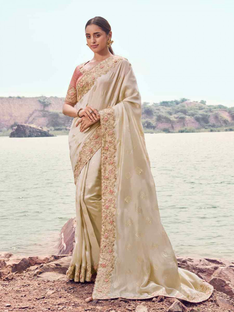 Image of Cream Satin Silk Embroidery Bridal Reception Festival Wedding Fancy Heavy Border Saree