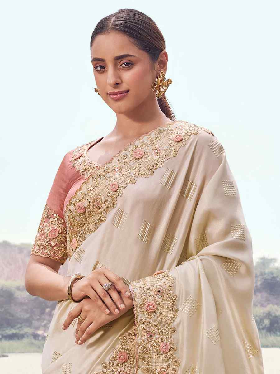 Cream Satin Silk Embroidery Bridal Reception Festival Wedding Fancy Heavy Border Saree