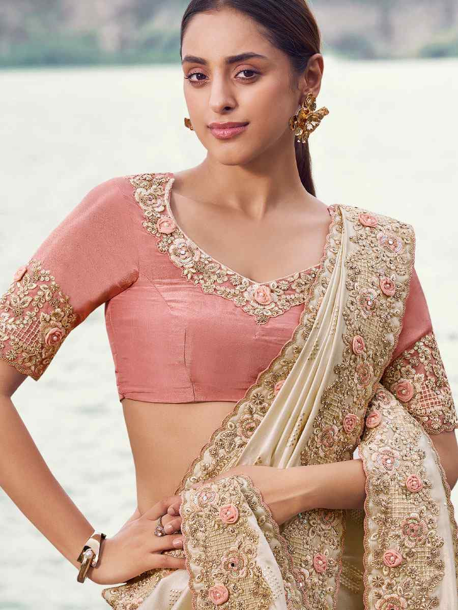 Cream Satin Silk Embroidery Bridal Reception Festival Wedding Fancy Heavy Border Saree