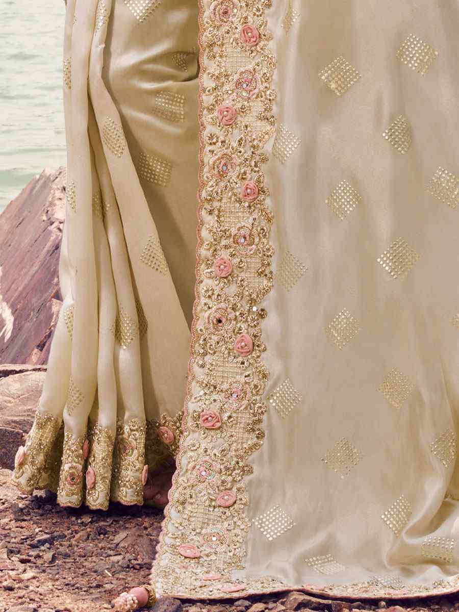Cream Satin Silk Embroidery Bridal Reception Festival Wedding Fancy Heavy Border Saree