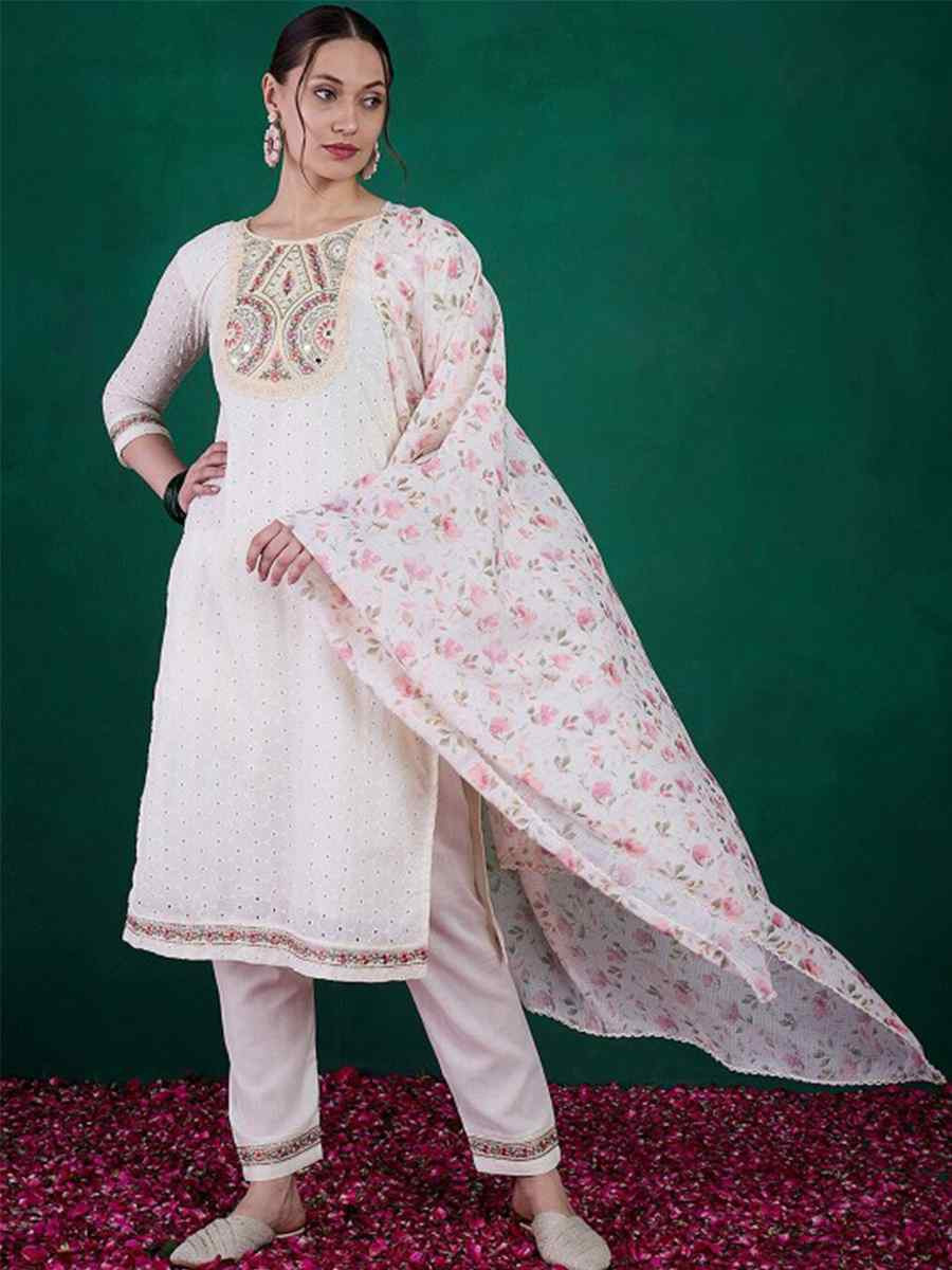Cream Schiffli Cotton Embroidered Festival Casual Ready Pant Salwar Kameez