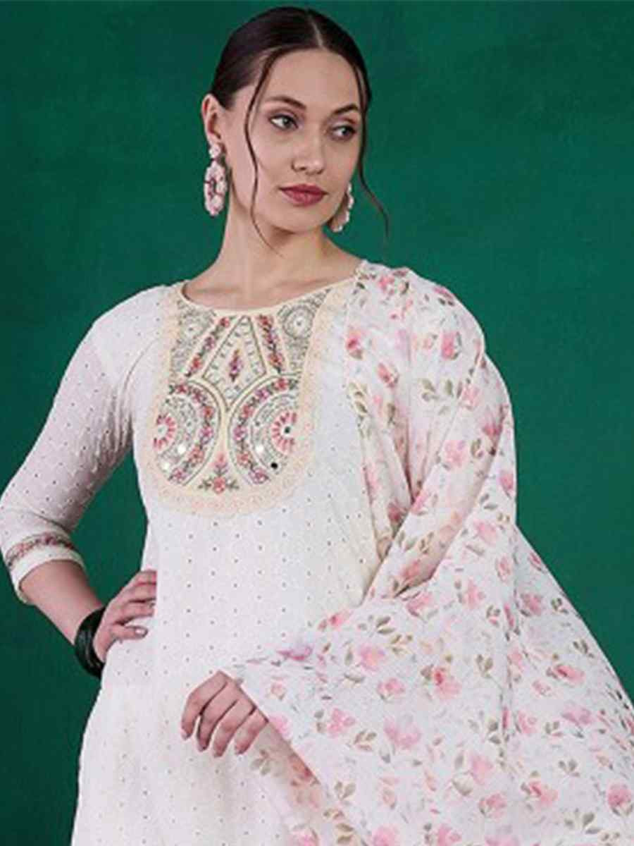 Cream Schiffli Cotton Embroidered Festival Casual Ready Pant Salwar Kameez