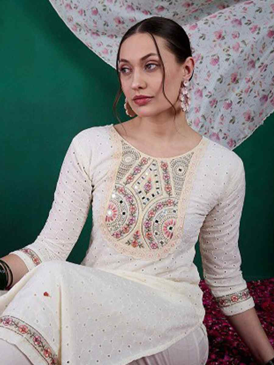 Cream Schiffli Cotton Embroidered Festival Casual Ready Pant Salwar Kameez