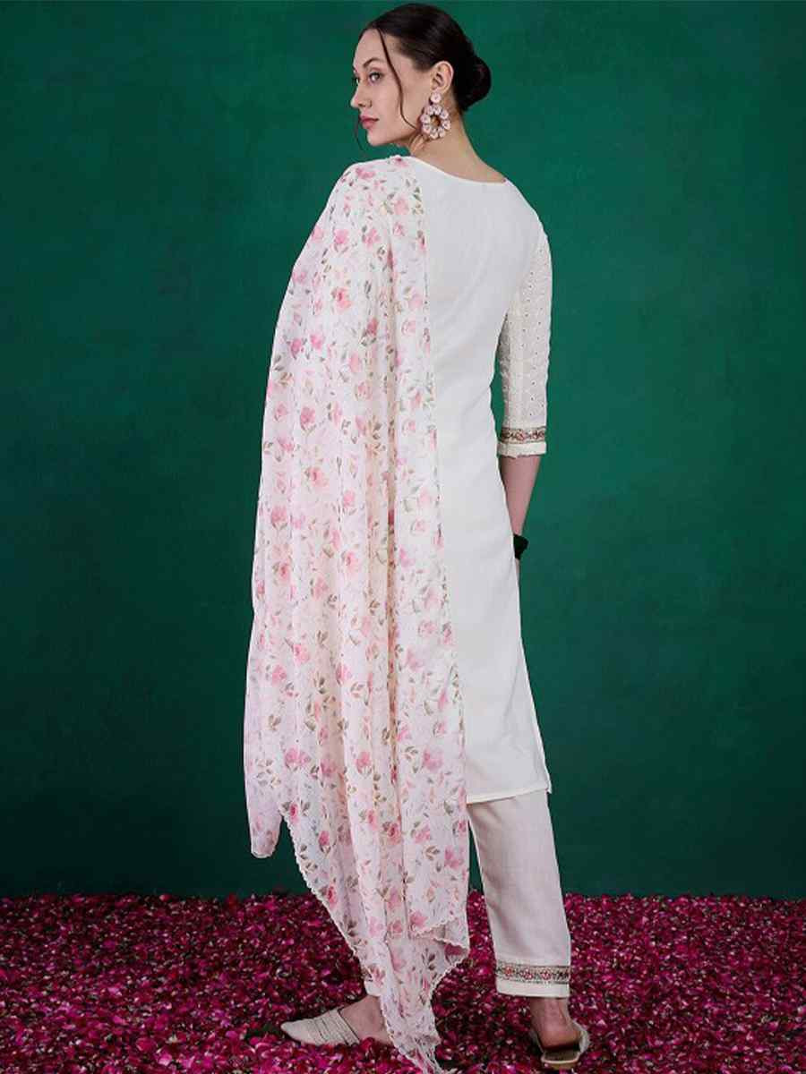 Cream Schiffli Cotton Embroidered Festival Casual Ready Pant Salwar Kameez