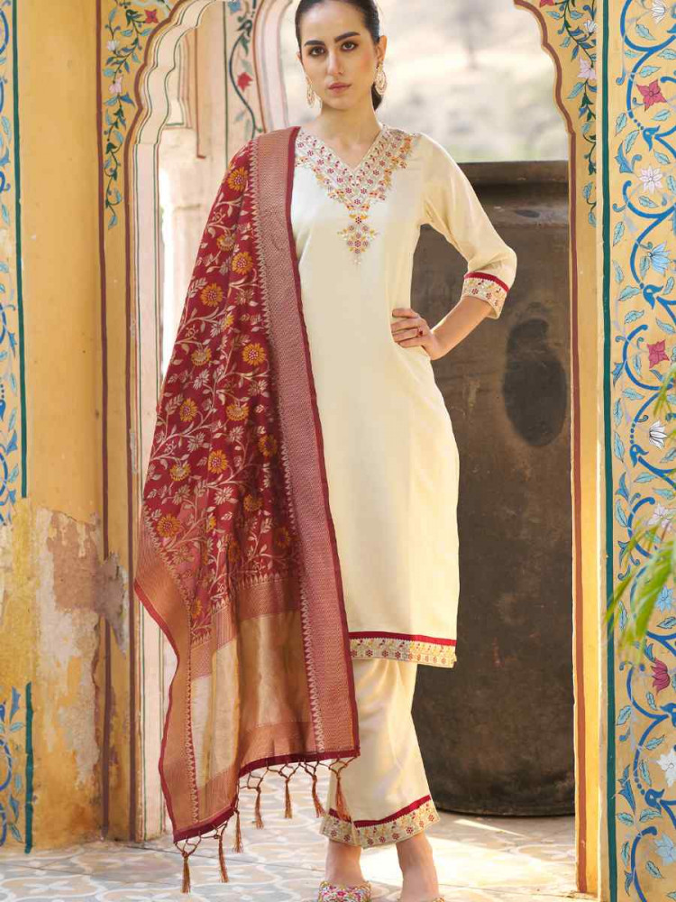 Image of Cream Silk Blend Embroidery Party Wedding Festival Casual Ready Pant Salwar Kameez