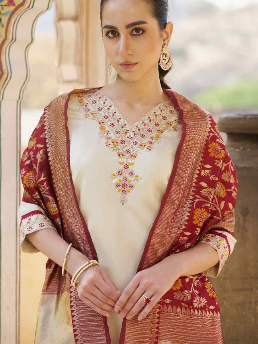 Cream Silk Blend Embroidery Party Wedding Festival Casual Ready Pant Salwar Kameez