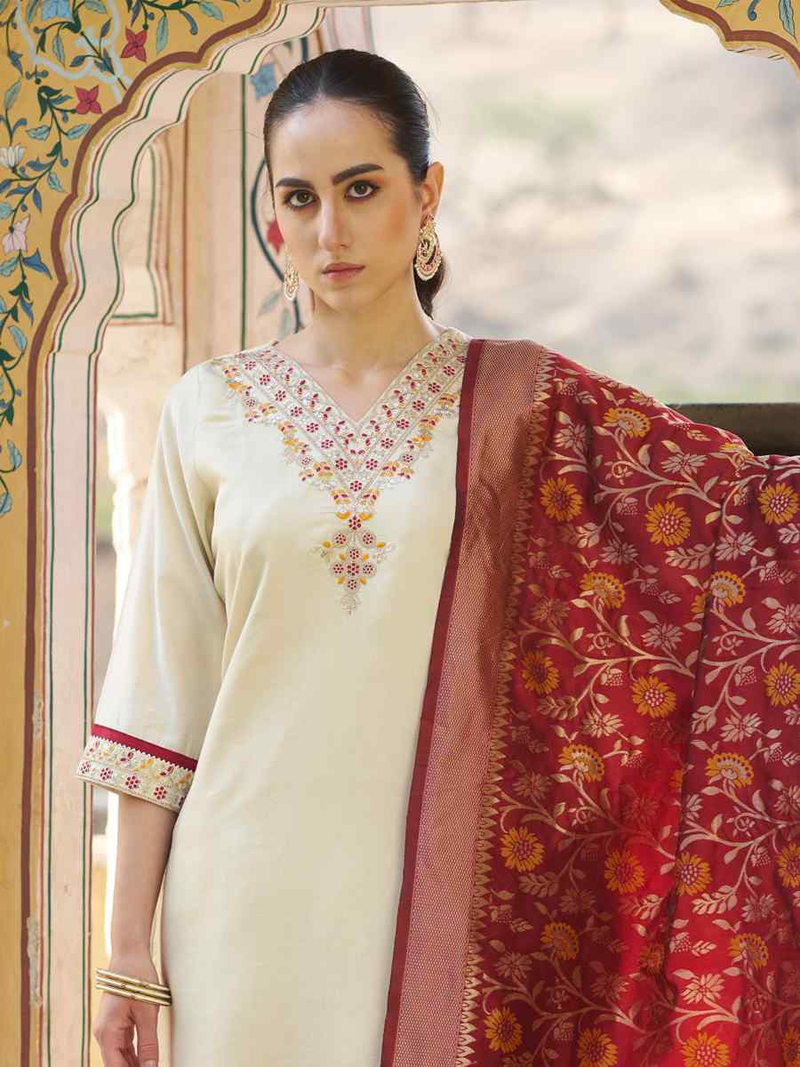 Cream Silk Blend Embroidery Party Wedding Festival Casual Ready Pant Salwar Kameez