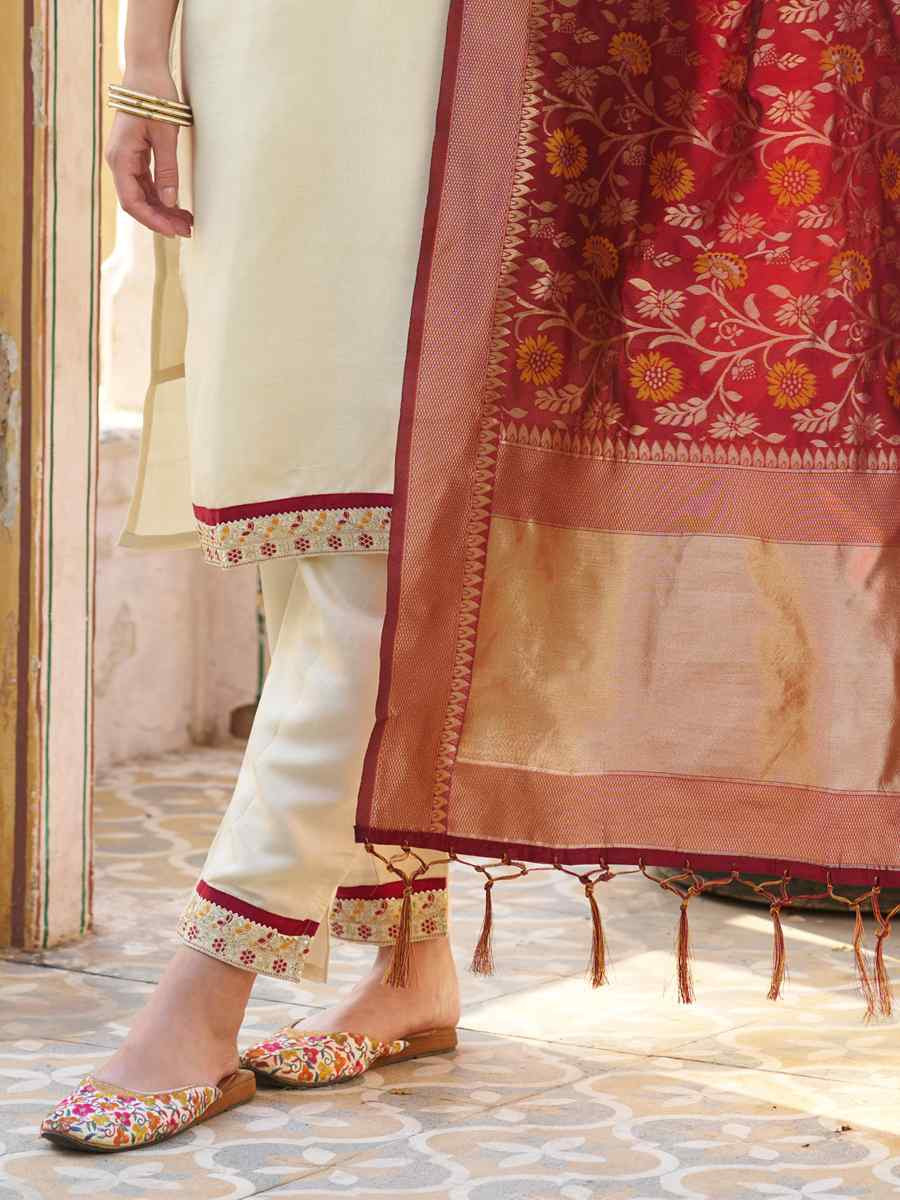 Cream Silk Blend Embroidery Party Wedding Festival Casual Ready Pant Salwar Kameez