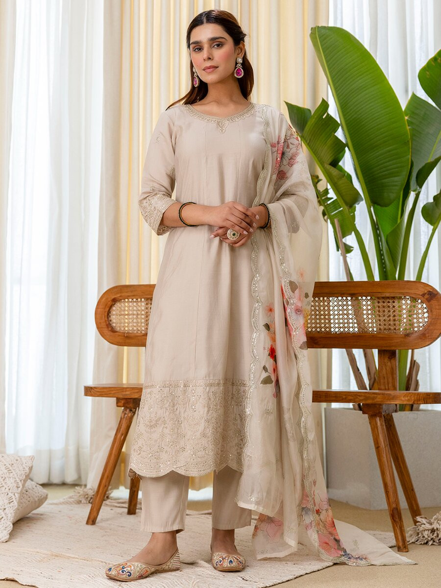 Cream Silk Blend Embroidery Sequins Wedding Festival Casual Party Ready Pant Salwar Kameez