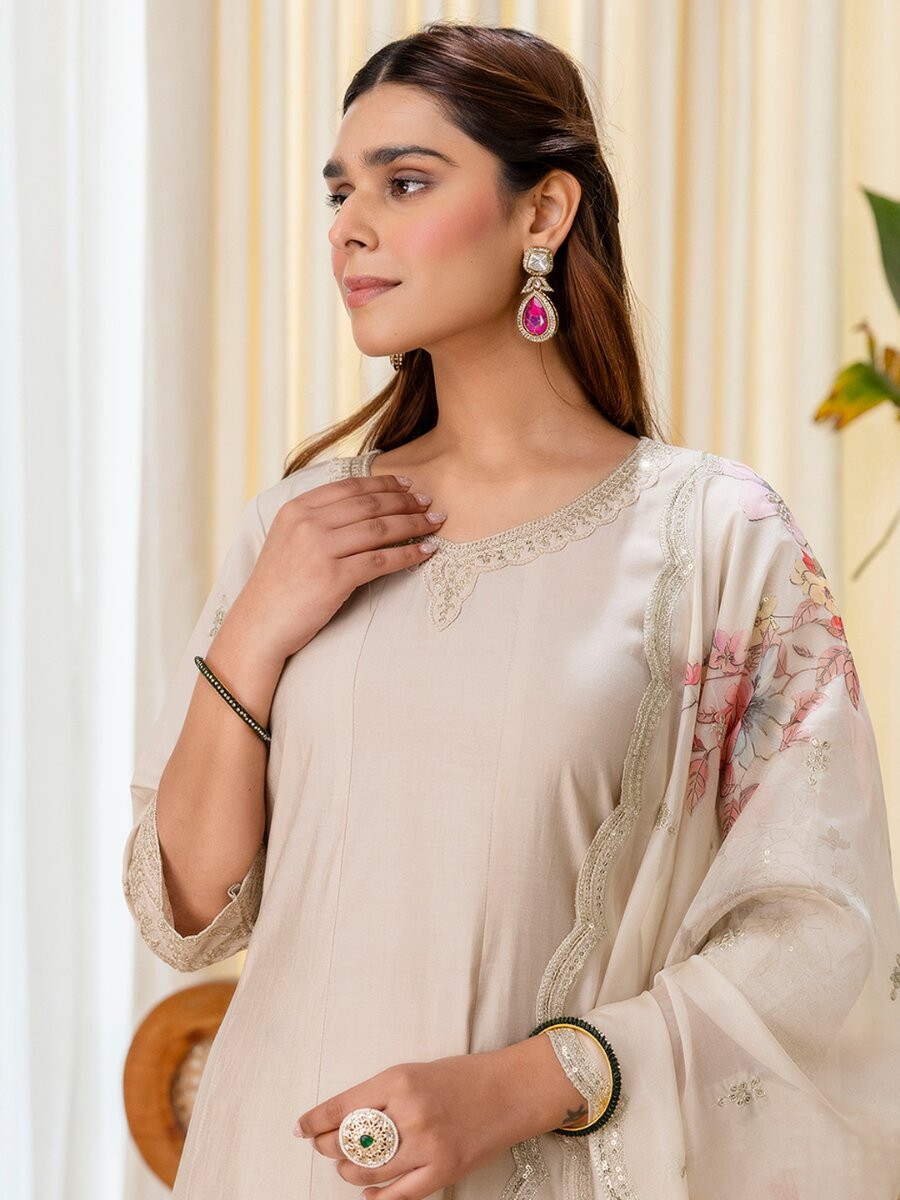 Cream Silk Blend Embroidery Sequins Wedding Festival Casual Party Ready Pant Salwar Kameez