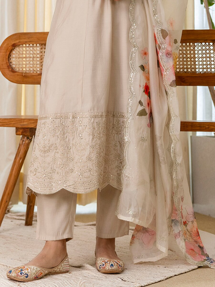 Cream Silk Blend Embroidery Sequins Wedding Festival Casual Party Ready Pant Salwar Kameez