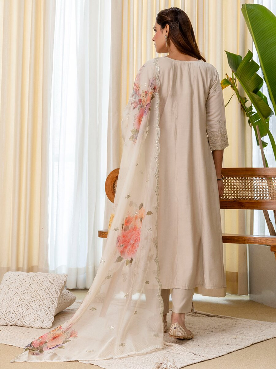 Cream Silk Blend Embroidery Sequins Wedding Festival Casual Party Ready Pant Salwar Kameez