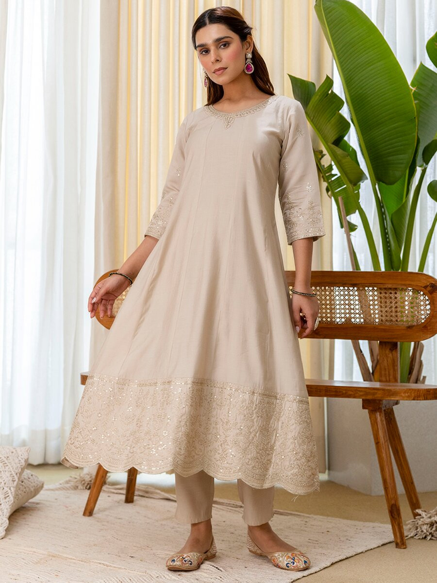 Cream Silk Blend Embroidery Sequins Wedding Festival Casual Party Ready Pant Salwar Kameez