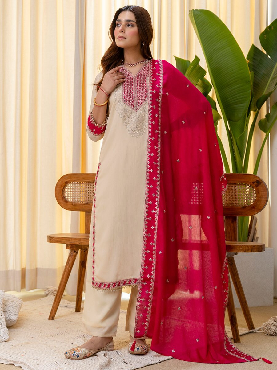 Cream Silk Blend Embroidery Wedding Festival Casual Party Ready Pant Salwar Kameez