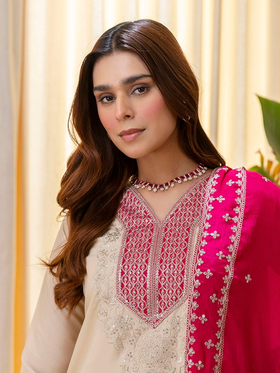 Cream Silk Blend Embroidery Wedding Festival Casual Party Ready Pant Salwar Kameez