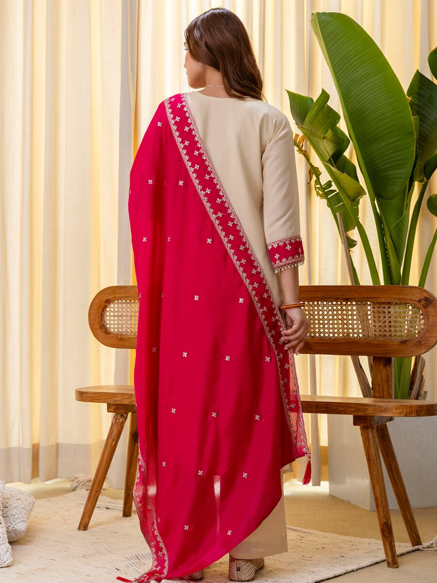 Cream Silk Blend Embroidery Wedding Festival Casual Party Ready Pant Salwar Kameez