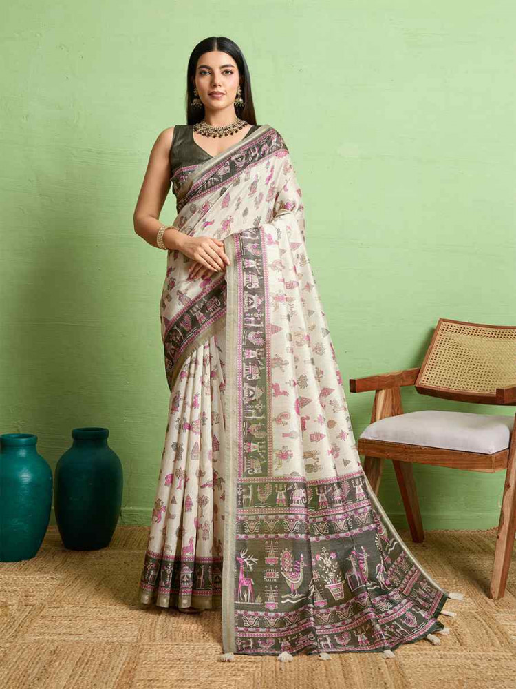 Image of Cream Silk Blend Printed Festival Wedding Fancy Heavy Border Saree
