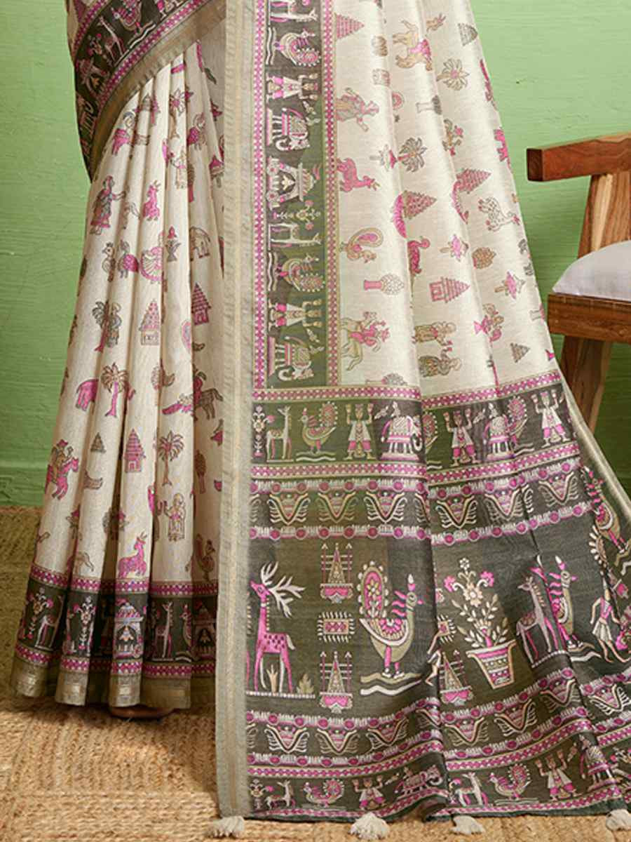 Cream Silk Blend Printed Festival Wedding Fancy Heavy Border Saree