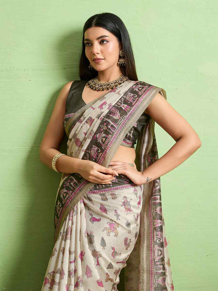 Cream Silk Blend Printed Festival Wedding Fancy Heavy Border Saree