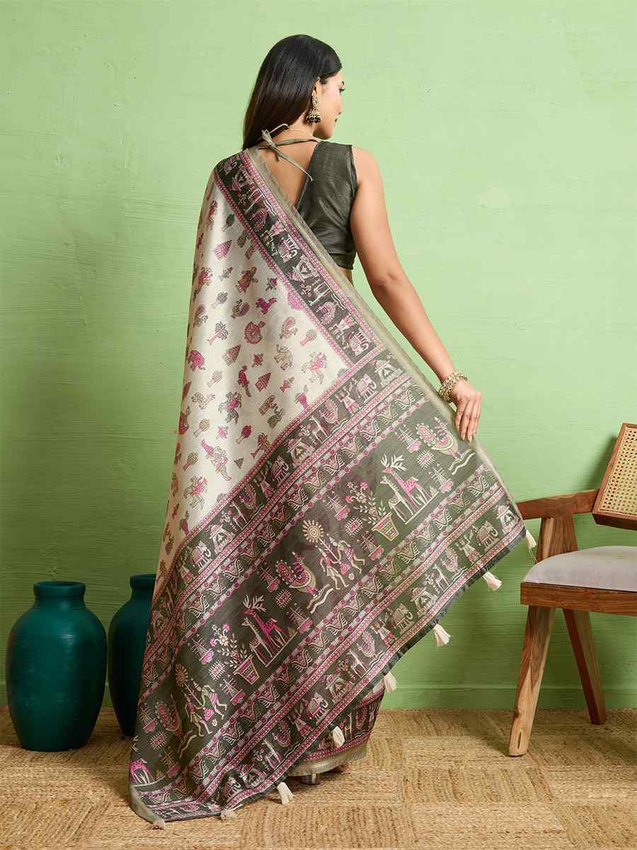 Cream Silk Blend Printed Festival Wedding Fancy Heavy Border Saree