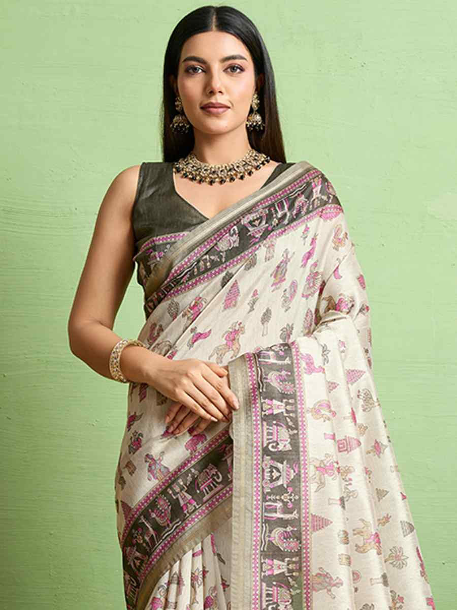 Cream Silk Blend Printed Festival Wedding Fancy Heavy Border Saree