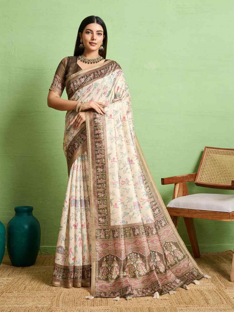 Image of Cream Silk Blend Printed Festival Wedding Fancy Heavy Border Saree
