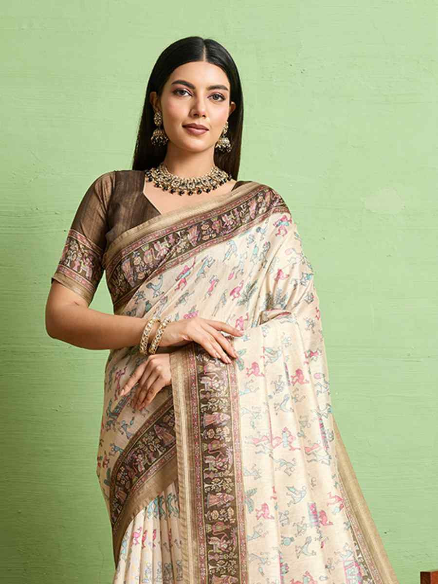 Cream Silk Blend Printed Festival Wedding Fancy Heavy Border Saree