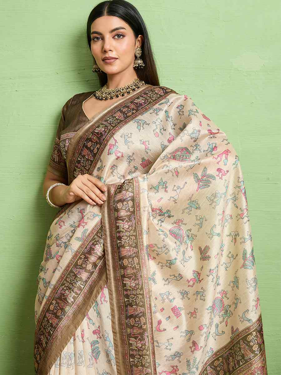 Cream Silk Blend Printed Festival Wedding Fancy Heavy Border Saree