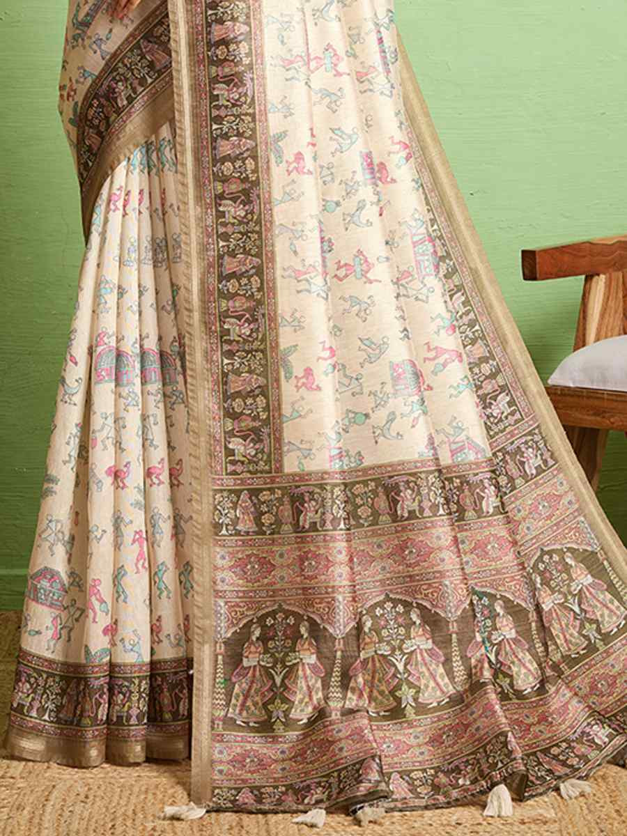 Cream Silk Blend Printed Festival Wedding Fancy Heavy Border Saree