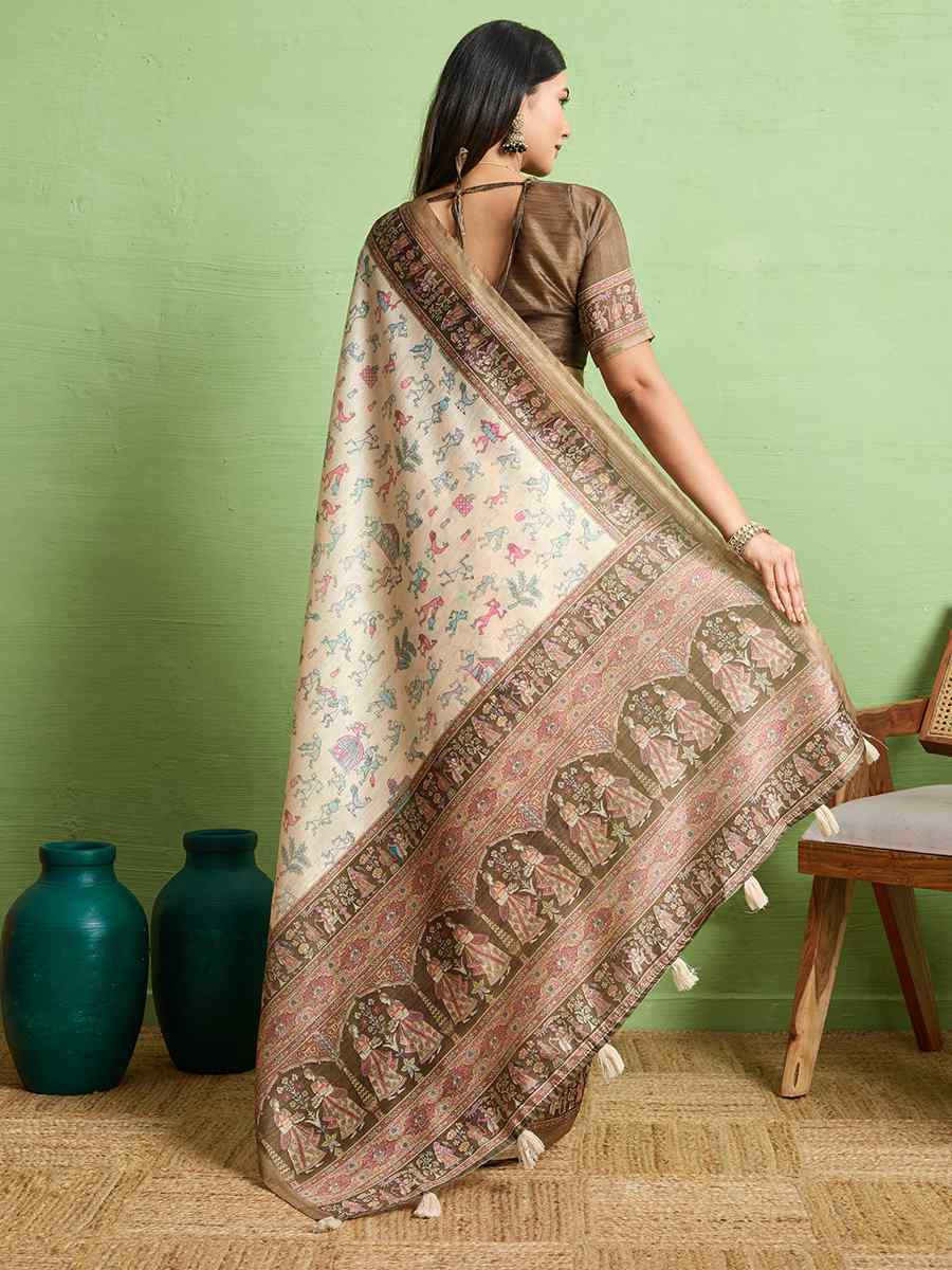 Cream Silk Blend Printed Festival Wedding Fancy Heavy Border Saree
